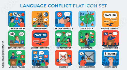 Language Conflict Flat Icon Set Illustrating Communication Issues.