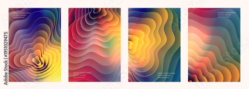 Abstract layered waves terrain vibrant bold gradient pattern modern cover poster background design set, composition of four vertical panels featuring layered, paper-cut style waves with bold colorful.