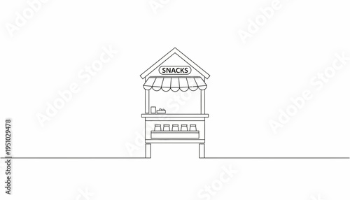 Minimalist outline drawing of a snack stand with awning and food items