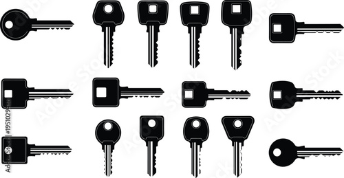 Collection of diverse key silhouettes, vintage and modern designs, locksmith security concept artwork, symbolic access illustration, decorative vector design, flat vector illustration
