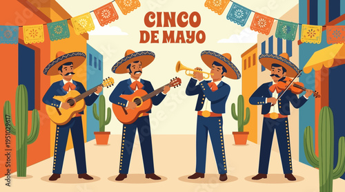 Mariachi band performing music with traditional instruments for Cinco de Mayo celebration.