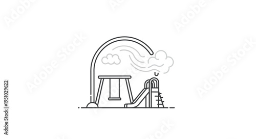 Minimalist playground with swing and slide, wind and clouds, line art