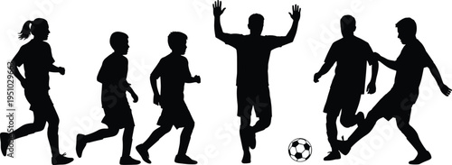 Silhouetted group of children and young athletes playing soccer, running and celebrating goals during a football match on white background