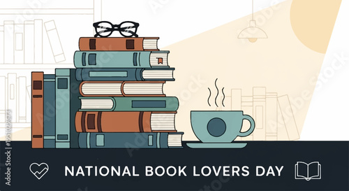National book lovers day celebration with stacked books glasses and steaming coffee cup on a desk