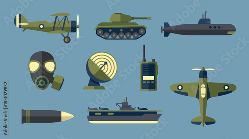 Military equipment collection featuring various vehicles and gear.