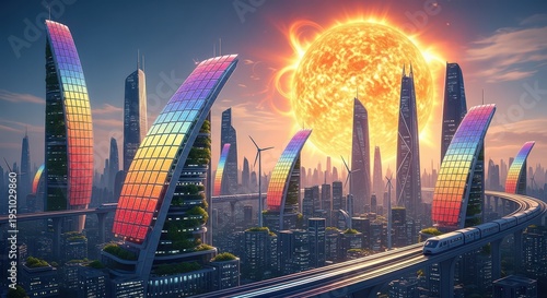 A futuristic cityscape boasting vibrant, rainbow-colored solar panel skyscrapers and an elevated high-speed train under a large, glowing sun.
