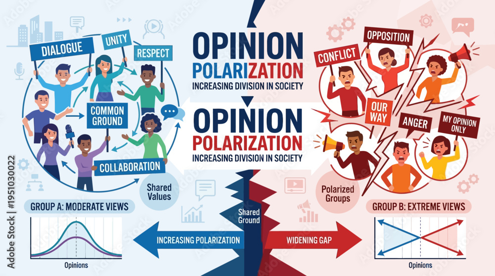 Fototapeta premium Opinion Polarization Visualized Showing Societal Division.