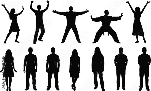 Silhouetted group of travelers and adventurers hiking, cycling, taking photos, and camping together isolated on a clean white background, SEO