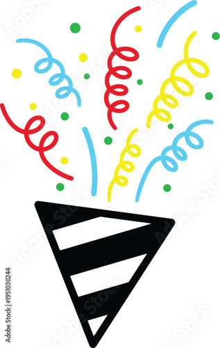 party, popper, confetti, celebration, festive, colorful, event, holiday, carnival, fun, decoration, vector, illustration, birthday, newyear, explosion, streamers, 