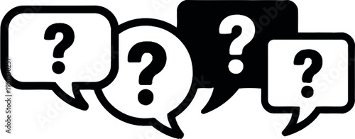 Four speech bubbles with question marks on a beige background
