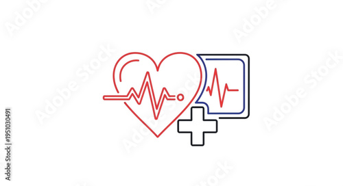 Medical heartbeat symbol with electrocardiogram and plus sign.
