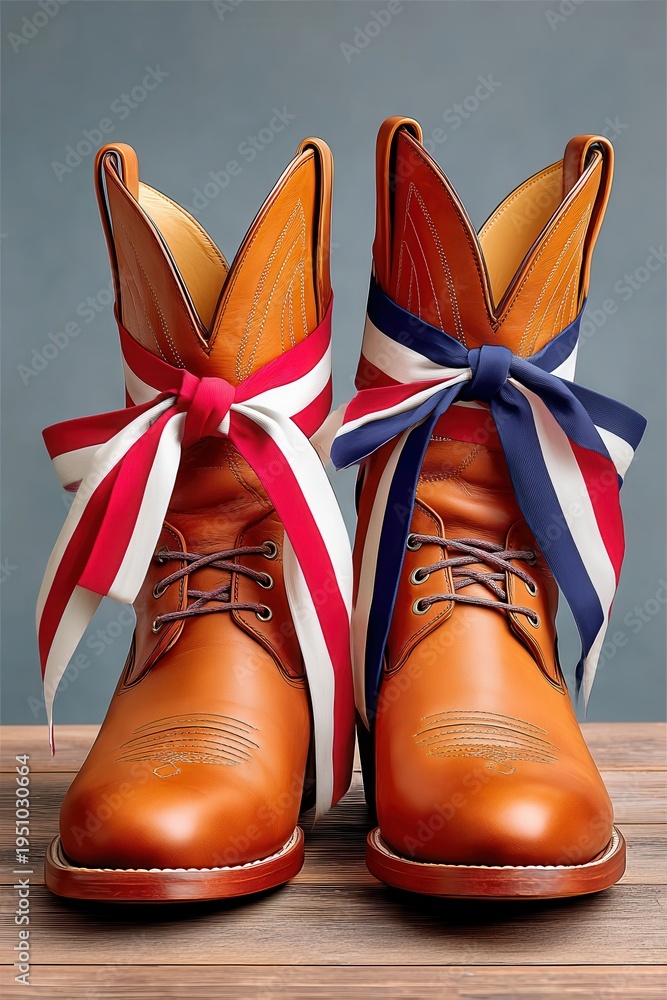 Naklejka premium Patriotic cowboy boots with red, white and blue ribbons tied in bows on wooden floor
