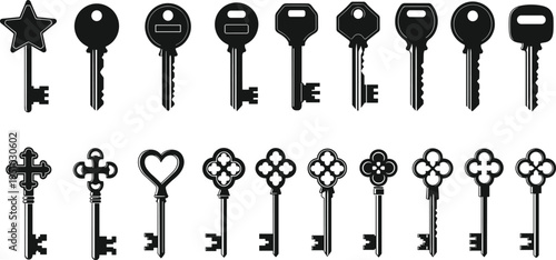 Collection of modern and vintage key silhouettes, ornate decorative designs, locksmith security concept artwork, symbolic access illustration, vector emblem design, flat vector illustration