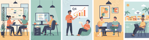 Diverse Team Collaborating in Office and Outdoor Settings with Pixel Art Style