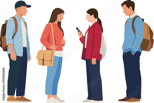 Set of Diverse Young Student Characters Standing Together Wearing Casual Clothes with Backpacks Flat Vector Illustration Isolated on White Background for Modern Design Projects
