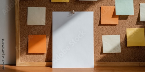 Blank flyer mockup pinned on a cork bulletin board with colorful sticky notes for school announcements or office messages, clean white paper template with copy space