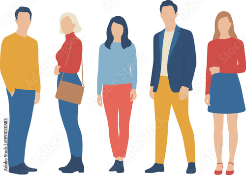 Diverse Group of Young People Characters Standing Together Wearing Colorful Fashionable Casual Outfits Flat Vector Illustration Set Isolated on White Background for Modern Design