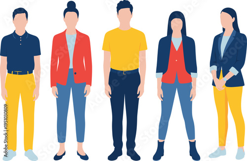 Set of Diverse Young People Characters Standing Together Wearing Colorful Fashionable Business Casual Clothes Flat Vector Illustration Isolated on White Background for Design