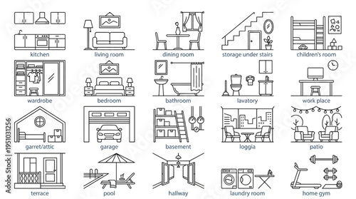 Home Interior Room Icon Set – Kitchen Bedroom Bathroom Living Room Garage Outline Vector House Layout UI Pack