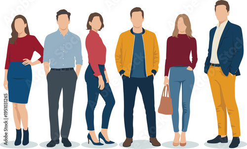 Diverse Group of Professional Men and Women Standing Together Wearing Modern Casual Business Attire Flat Vector Illustration Character Set Isolated on White