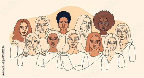Diverse group of women illustration with different skin tones and hair styles.
