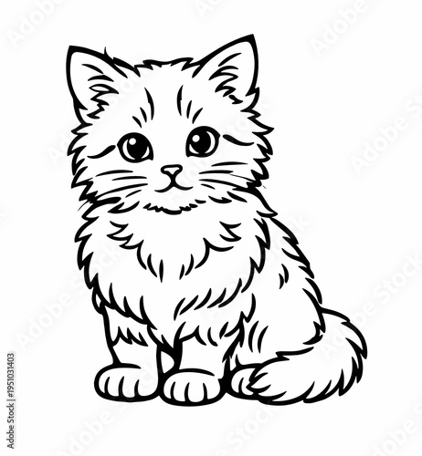 Sweet fluffy kitten with soft fur and large eyes drawn in black and white outline style. Adorable pet vector illustration for coloring books, nursery decor and printable designs.
