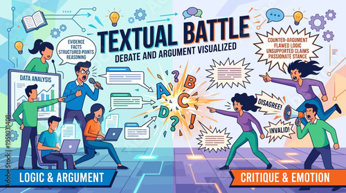 Textual Battle Debate and Argument Visualized Logic Versus Emotion.