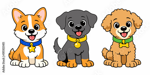 Three puppy friends including corgi, dark gray, and curly apricot dog characters. Versatile pet set for nursery posters, adoption stories, kids branding, and sticker sheets.
