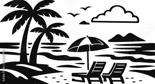 A black and white tropical beach landscape with palm trees, lounge chairs, umbrella and sea horizon. Summer vacation, relaxation and seaside travel concept.