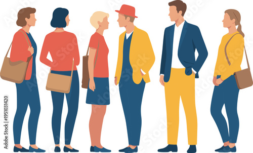 Diverse Group of Fashionable People Standing in a Row Wearing Colorful Modern Outfits Flat Vector Illustration Set Isolated on White Background for Design