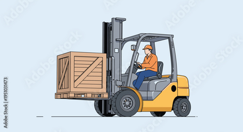 Industrial worker in an orange shirt and helmet operates a yellow forklift carrying a large wooden shipping crate.