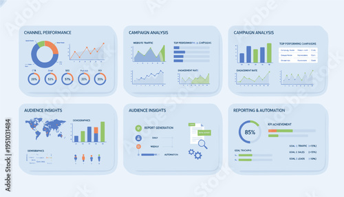 Various Data Charts And Graphs On Light Blue Background With Soft Shadows
