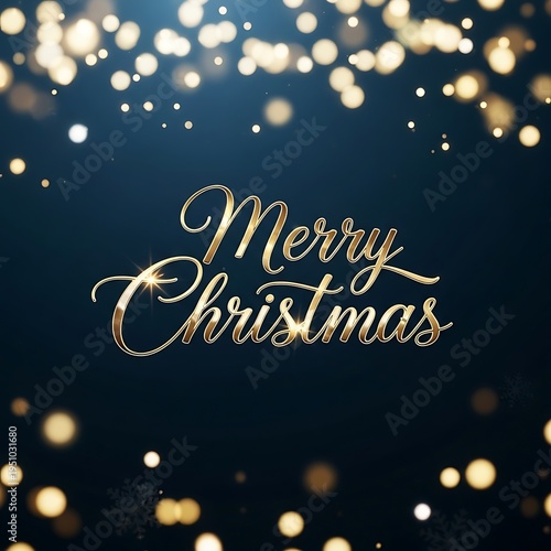 Elegant golden script inscription conveys holiday greetings against a dark blue background illuminated by soft, glowing lights
