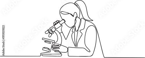 Minimal Line Art Illustration of Female Scientist Using Microscope – Simple Outline Character Design
