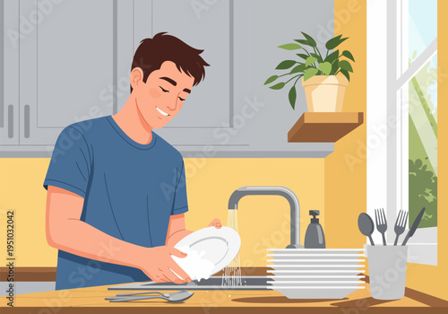 Young man washes dishes under running water in the kitchen sink and smiles.