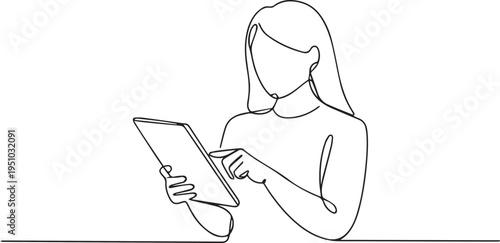 Minimal Line Art Illustration of Woman Using Tablet – Simple Outline Character Design
