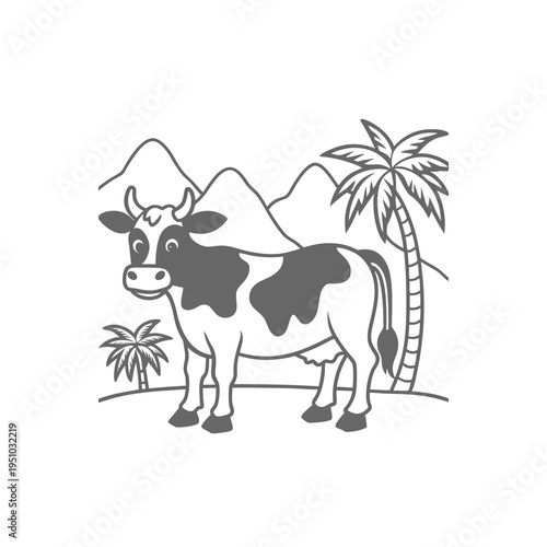 A charming black and white illustration of a Holstein cow standing in a tropical landscape with palm trees and mountains.