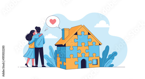 Man and woman stand together looking at a blue and yellow jigsaw puzzle house with a heart in a thought bubble.