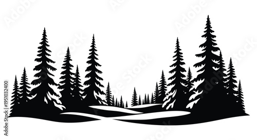 A dense forest landscape with a striking black silhouette