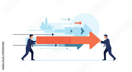 Pair of businessmen in suits work together to carry a large orange arrow forward representing progress and direction.