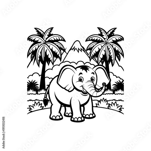 A happy cartoon elephant stands in a jungle landscape with palm trees and a mountain in the background.