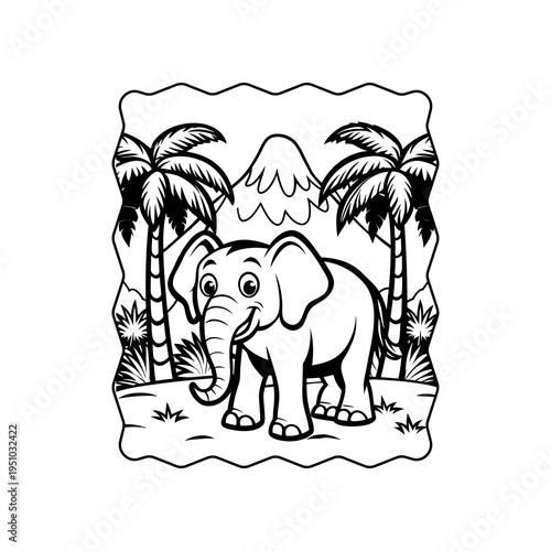 A cute cartoon elephant stands in a jungle clearing with palm trees and a mountain in the background.