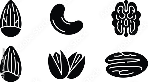 nuts, almond, cashew, walnut, seed, icon, set, food, healthy, snack, nutrition, silhouette, vector, organic, natural, ingredient, diet, black, collection, illustration
