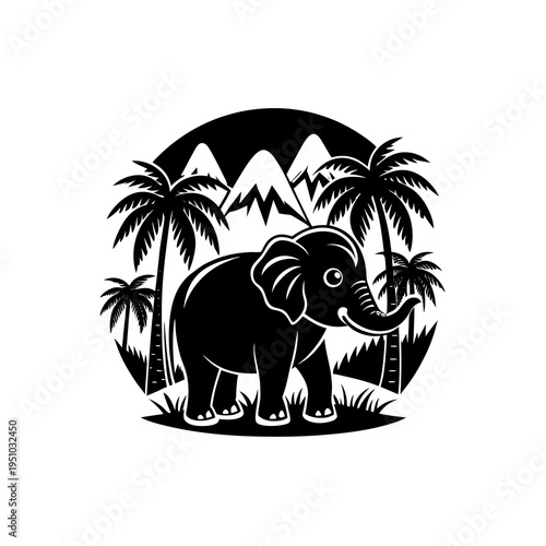 A charming black and white illustration of a happy elephant standing in a tropical jungle with palm trees and mountains in the background.