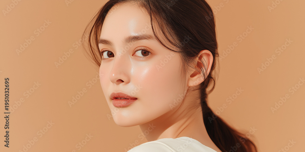 Obraz premium 美容, 女性, スキンケア, 化粧品, ビューティー, 若い女性, 美肌, 日本人, アジア人, フェイシャル, メイク, 美容液, 保湿, クリーム, エイジングケア, 美容医療, エステ, 美容クリニック, 肌ケア, ナチュラルメイク, 透明感, ツヤ肌, モデル, 笑顔, ポートレート, クローズアップ, リラックス, 癒し, 健康的, 美白, コラーゲン, ヒアルロン酸, アンチエイジング