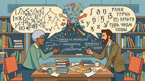 Two professors discussing complex theories in a library setting.