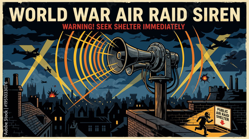Vintage World War II Air Raid Siren Warning Poster.