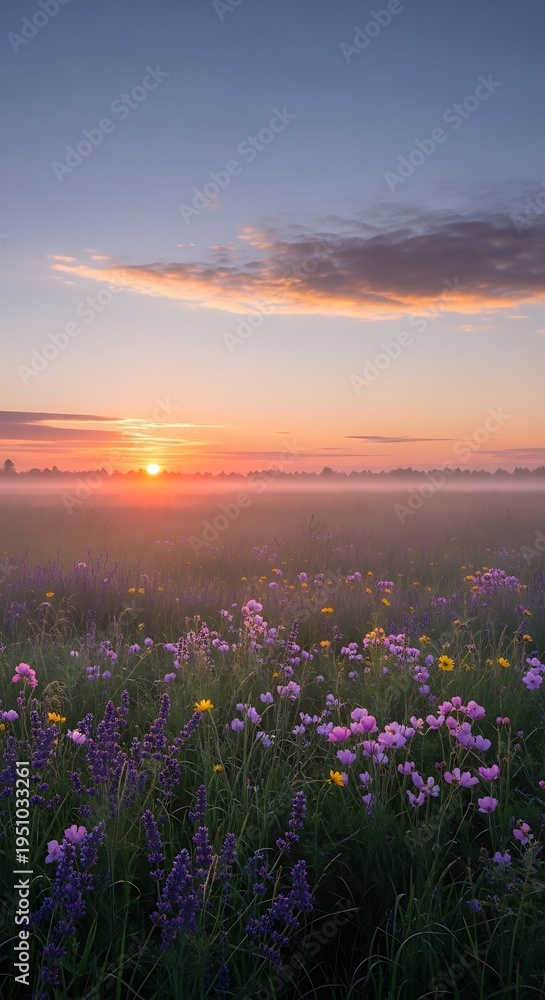 Obraz premium Sunset over a field of flowers.