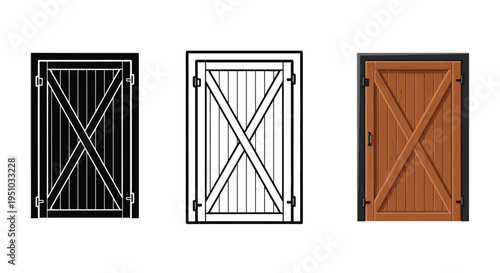 Three barn doors in varying styles including a dark silhouette