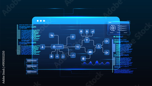 AI workflow automation artificial intelligence. ai agent workflow node diagram dashboard machine learning architecture system data processing system, coding and automation system.